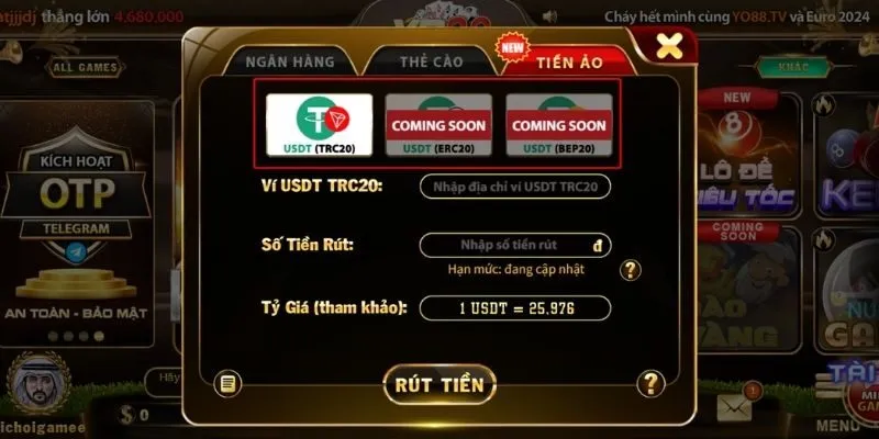 Rút tiền qua Tiền ảo tại cổng game Yo88